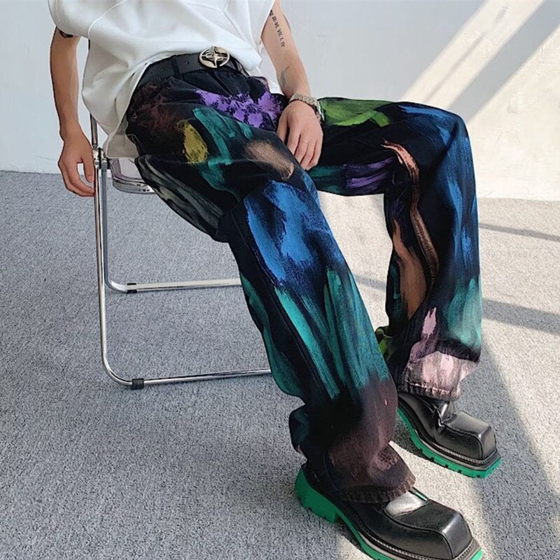 Kor Vintage Chic Graffiti Artistic Baggy Straight Pants