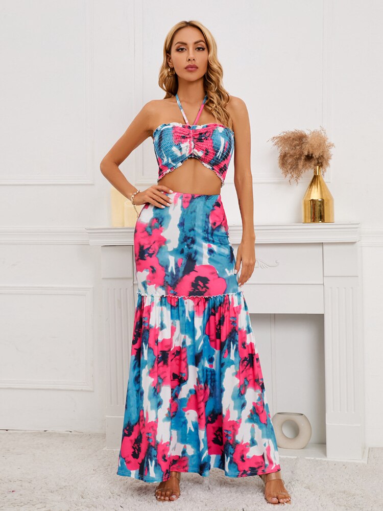 M 2023 Women New Sexy Bohemian Print Dress Cable Hanging Neck Top Hip Wrapped Fishtail Two Piece Set - sepolia shop
