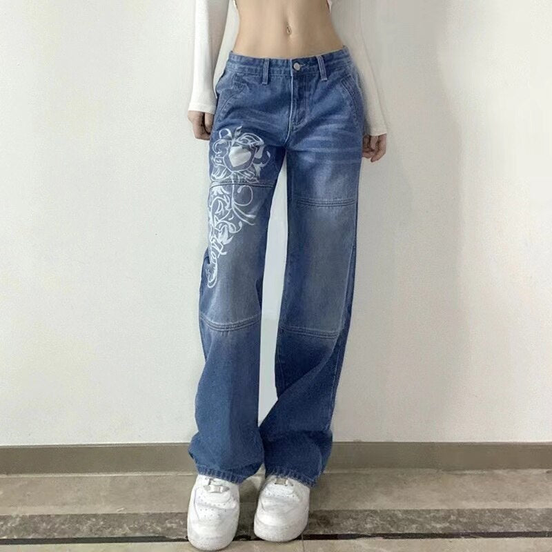 2023 Fashion Print New Style Thin Blue Baggy Pants Women&#39;s Jeans - sepolia shop