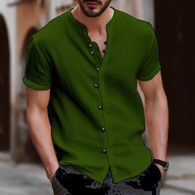 Retro Style Summer Men&#39;s Casual Cotton Linen Shirt Mock Neck Solid V-Neck Short Sleeve Loose Top Handsome Shirt US Size - sepolia shop