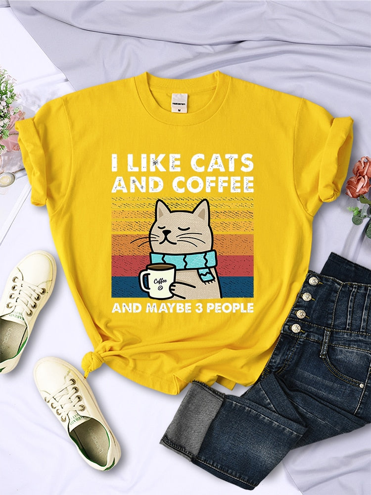 I Like Cats And Coffee Printed T Shirt - sepolia shop