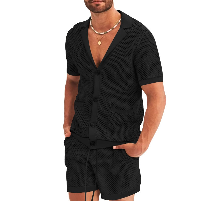 New Men's Summer Shirt Suit Casual Breathable Solid Color Short Sleeve Shirt Beach Shorts Fashion Hollow Men Mesh Set - sepolia shop