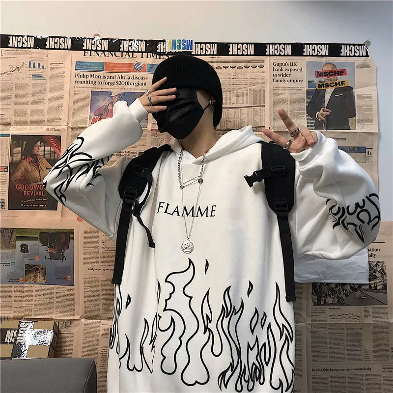 Y2K Retro Flame Print Oversized Hoodies