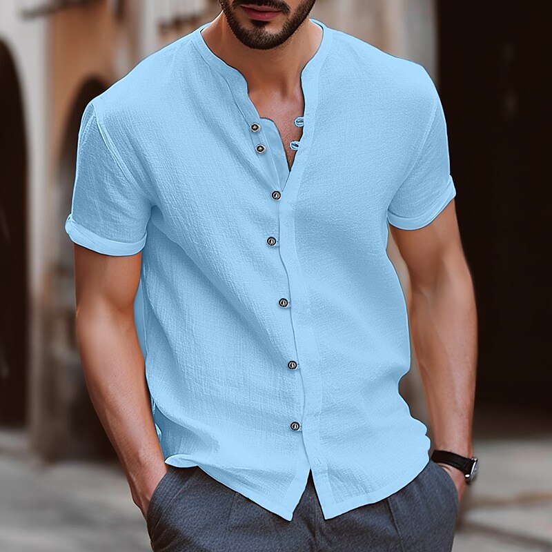 Retro Style Summer Men&#39;s Casual Cotton Linen Shirt Mock Neck Solid V-Neck Short Sleeve Loose Top Handsome Shirt US Size - sepolia shop