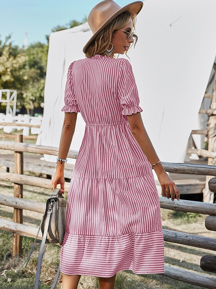 Msfilia Spring Women's  Striped Dress Causal Short Sleeve Tassel Medium Long Summer V Neck Button Dresses For Female - sepolia shop