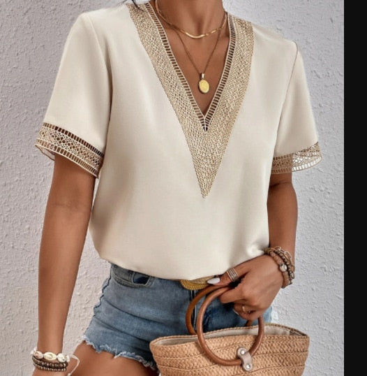 Hollow Out V-Neck Summer Blouse - sepolia shop