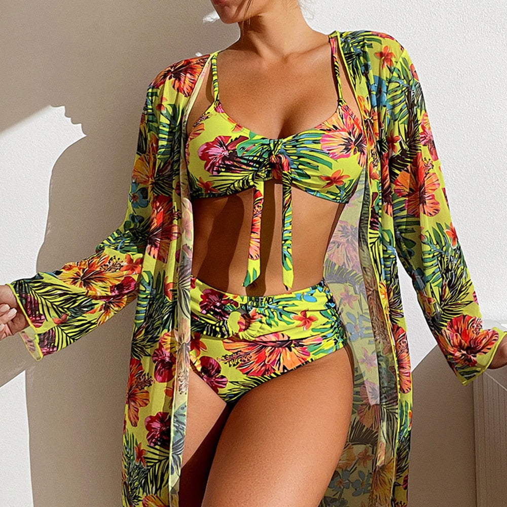 Sexy High Waisted Bikini Three Pieces Floral Printed - sepolia shop