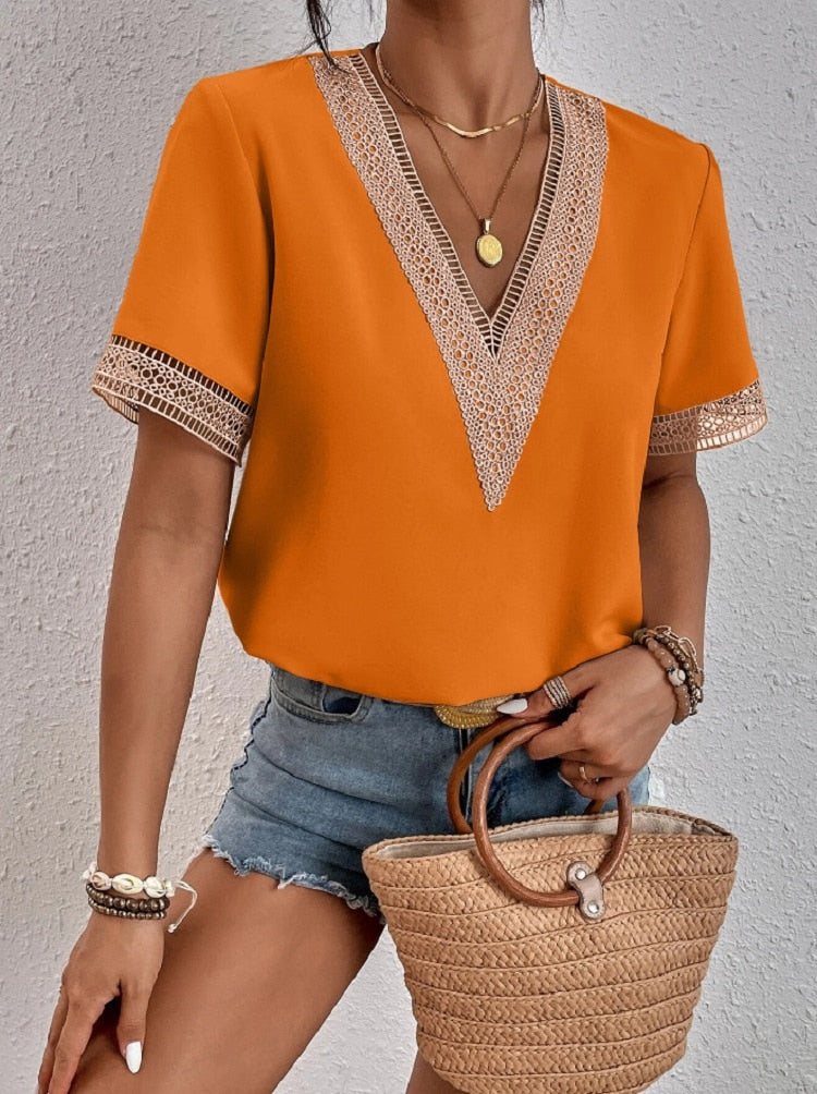 Hollow Out V-Neck Summer Blouse - sepolia shop