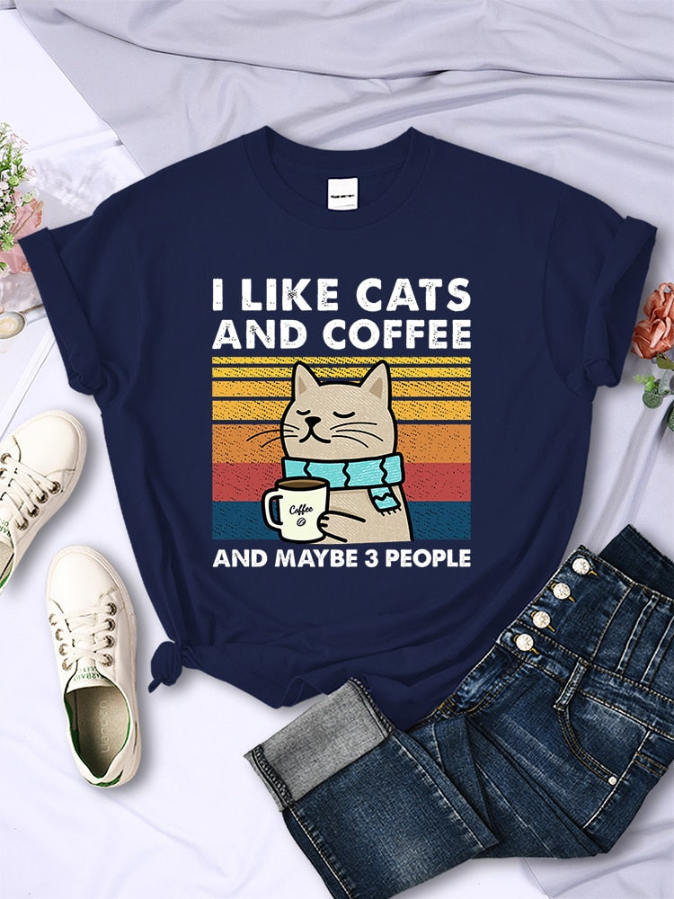 I Like Cats And Coffee Printed T Shirt - sepolia shop