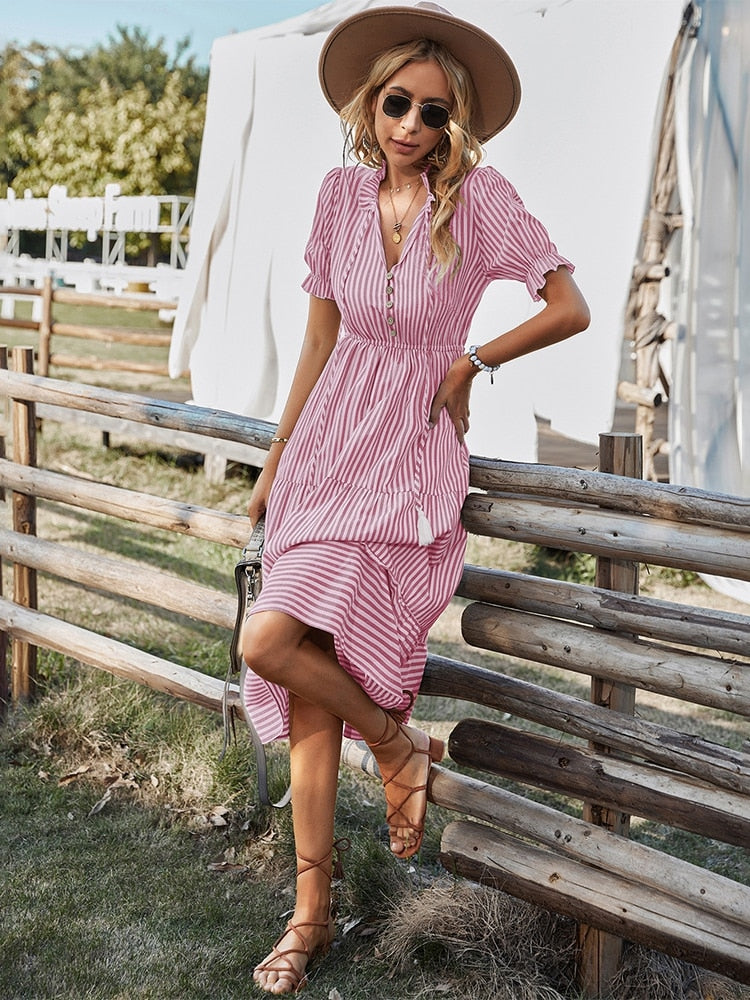 Msfilia Spring Women&#39;s  Striped Dress Causal Short Sleeve Tassel Medium Long Summer V Neck Button Dresses For Female - sepolia shop