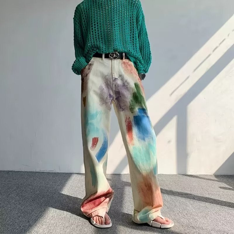 Kor Vintage Chic Graffiti Artistic Baggy Straight Pants