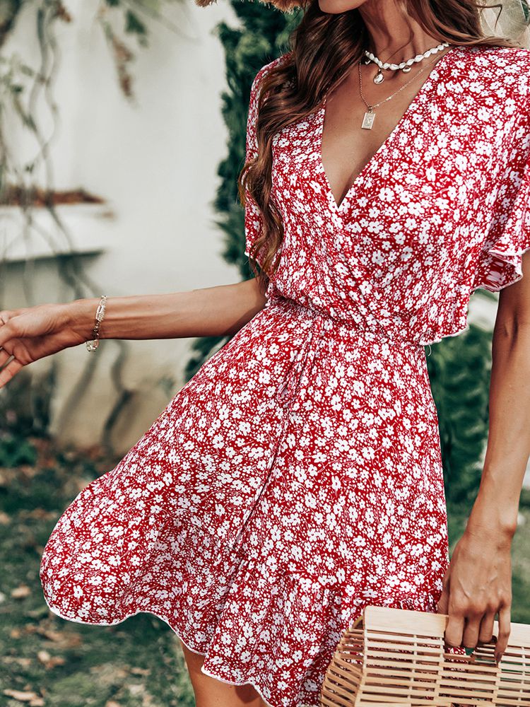 Msfilia V Neck Ruffle Sleeve Swing Floral Print Women's Dress Spring Summer Red Ladies Short Dress - sepolia shop