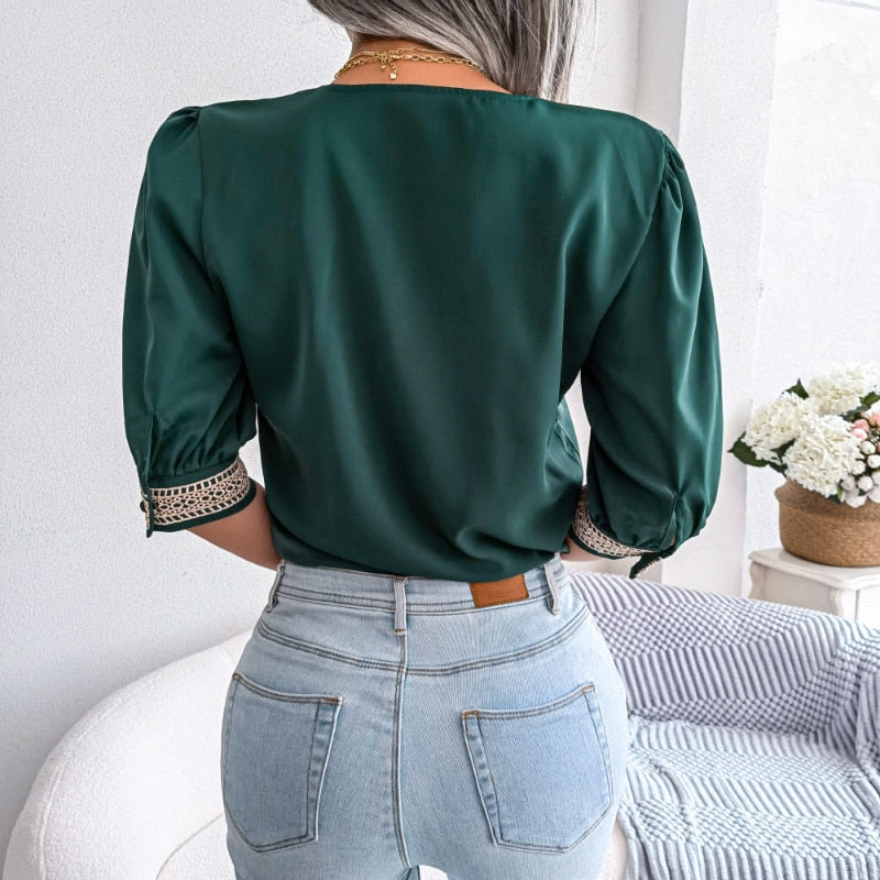 Women Elegant Shirts Lace V-neck - sepolia shop