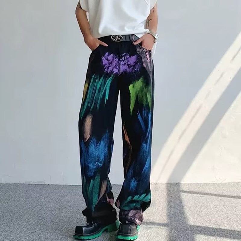 Kor Vintage Chic Graffiti Artistic Baggy Straight Pants