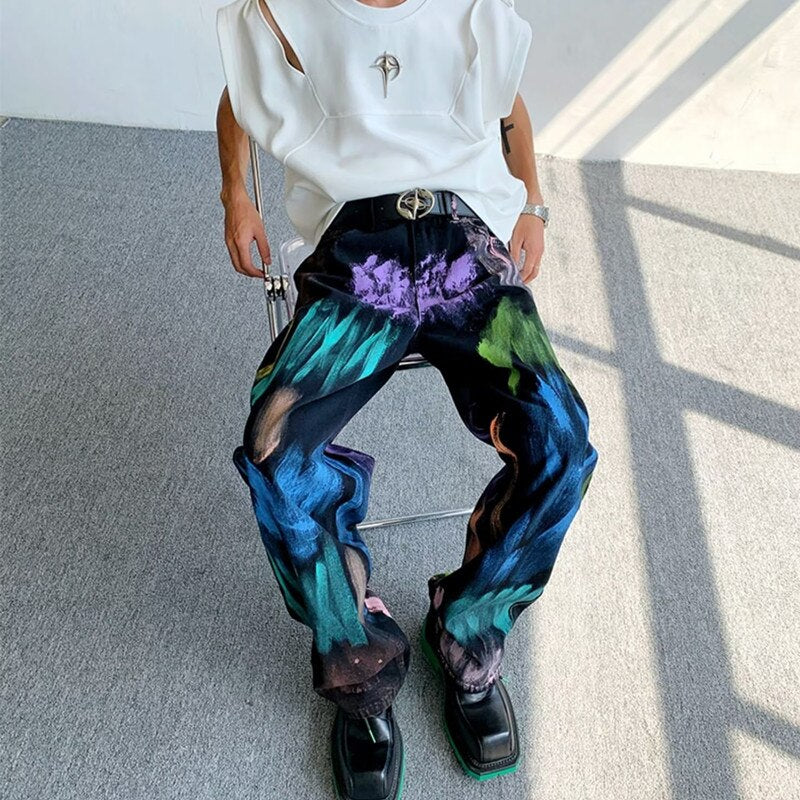 Kor Vintage Chic Graffiti Artistic Baggy Straight Pants