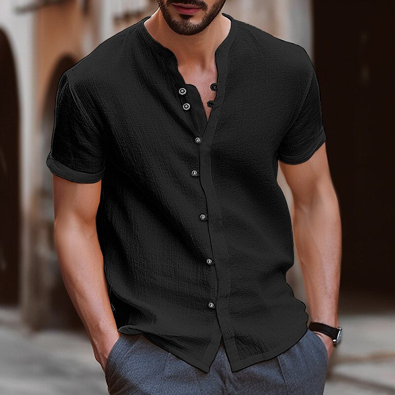 Retro Style Summer Men&#39;s Casual Cotton Linen Shirt Mock Neck Solid V-Neck Short Sleeve Loose Top Handsome Shirt US Size - sepolia shop