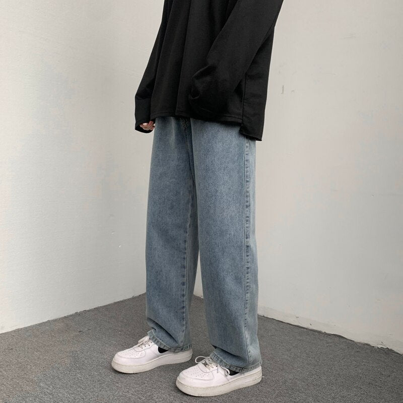 Mens Baggy Jeans Vintage Blue Drawstring Elastic Waist Wide Legs Straight Denim Pants Korean Trousers Casual Male Clothing - sepolia shop