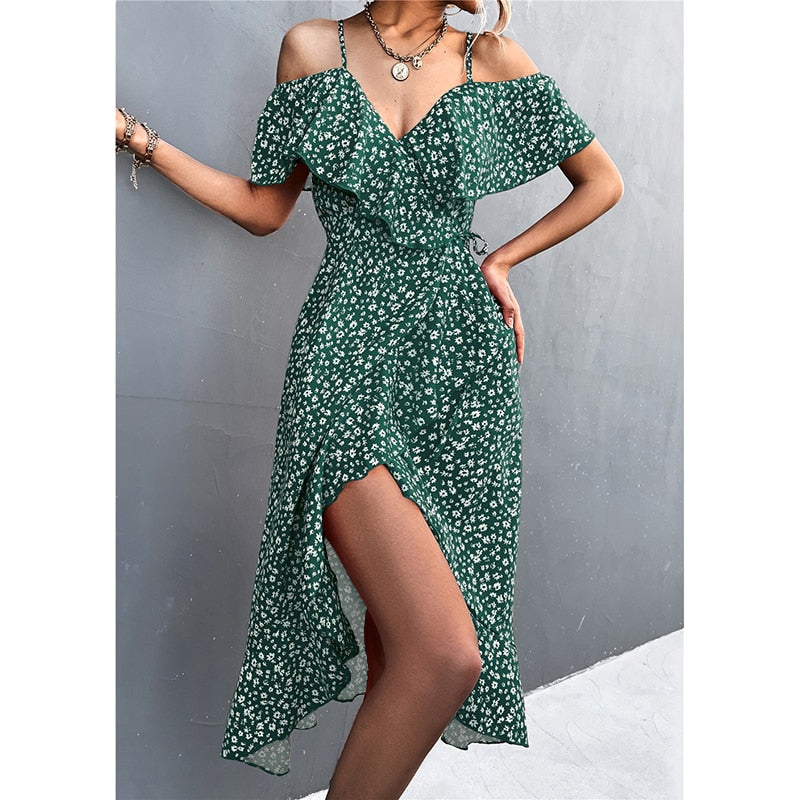 WAYOFLOVE Ladies Spring Summer Sexy Straps Dress Women Green Off Shoulder Ruffles Casual Beach Dresses Female Floral Print Dress - sepolia shop