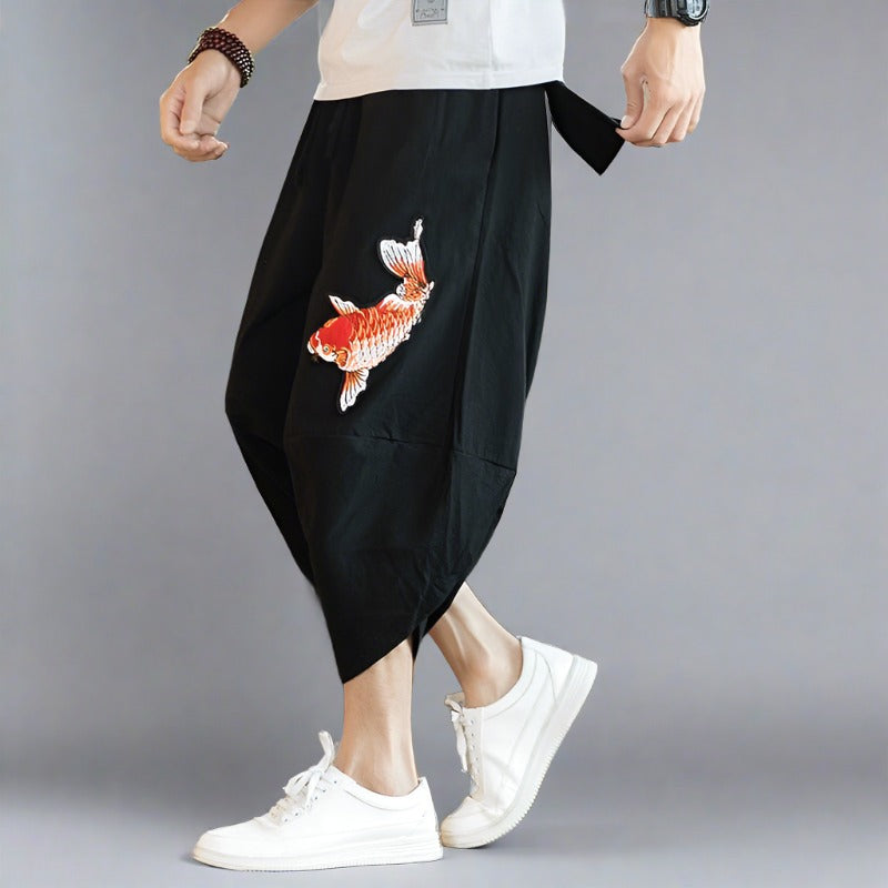 2022 Summer Men Carp Embroidery Jogger Pants Japanese Style Cotton Harajuku Harem Pants Youth Casual Pants Male Costume - sepolia shop