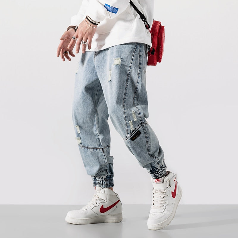 Japanese Vintage Fashion Men Jeans Loose Fit Spliced Ripped Denim Cargo Pants Hombre Harem Trousers Streetwear Hip Hop Jeans Men - sepolia shop