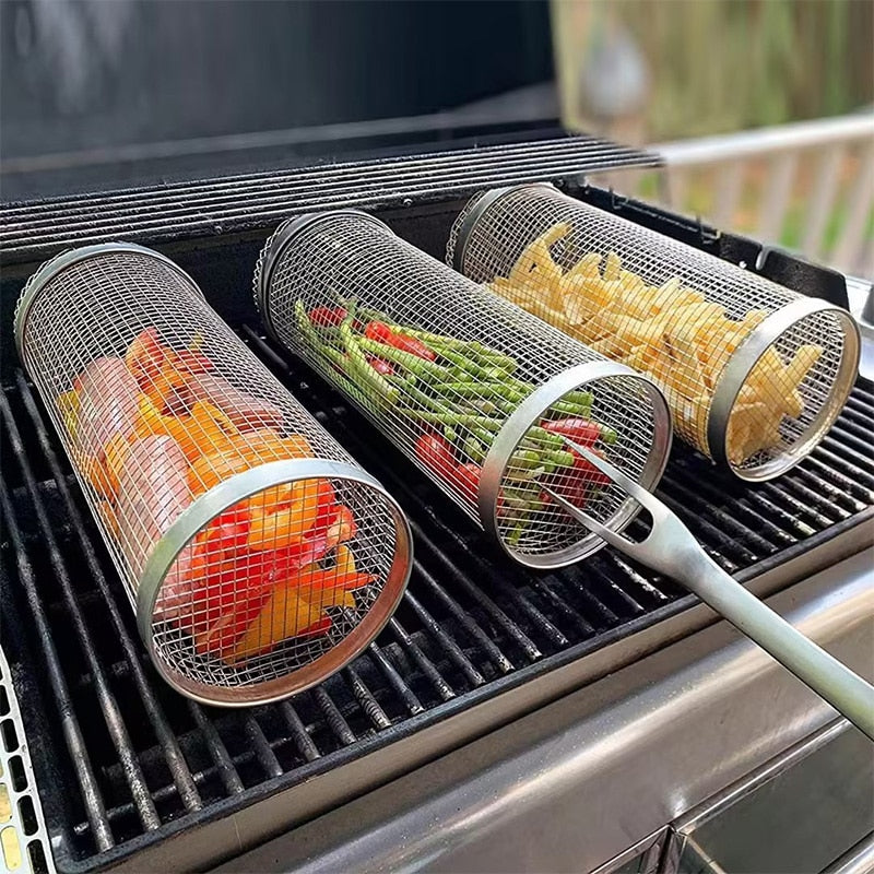 20cm/30cm Barbecue Rack Cooking Grill Outdoor Rolling Grilling Stainless BBQ Basket Family Camping Picnic Cylindrical BBQ Grill - sepolia shop