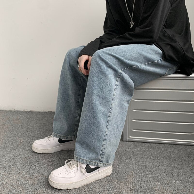 Mens Baggy Jeans Vintage Blue Drawstring Elastic Waist Wide Legs Straight Denim Pants Korean Trousers Casual Male Clothing - sepolia shop