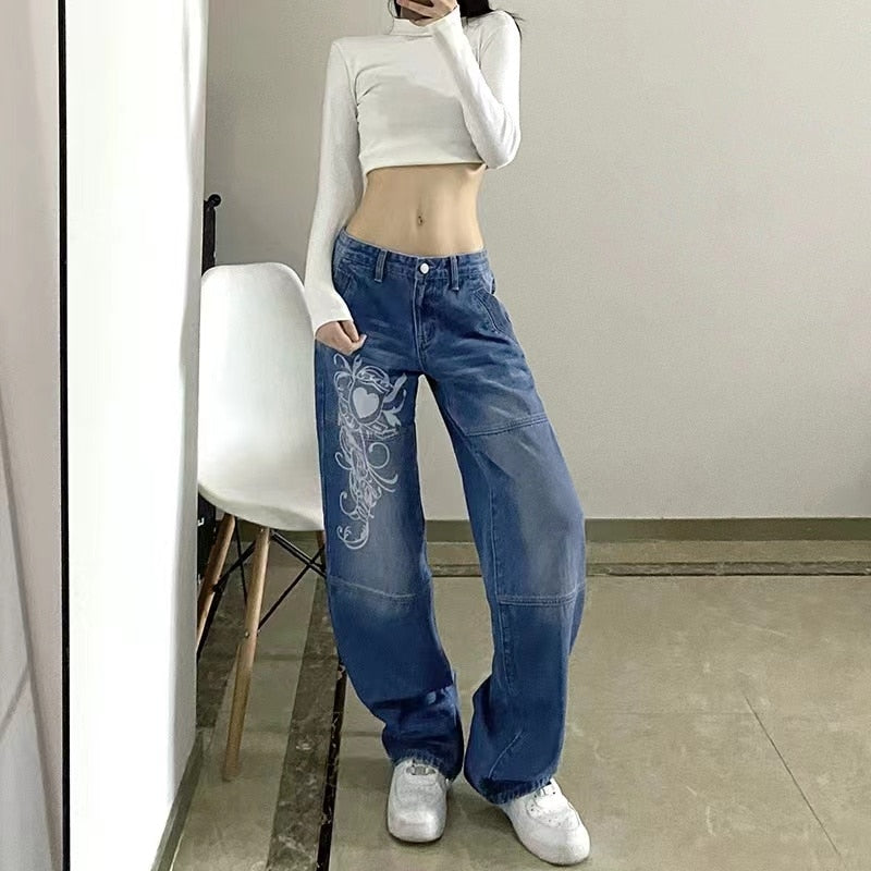 2023 Fashion Print New Style Thin Blue Baggy Pants Women&#39;s Jeans - sepolia shop