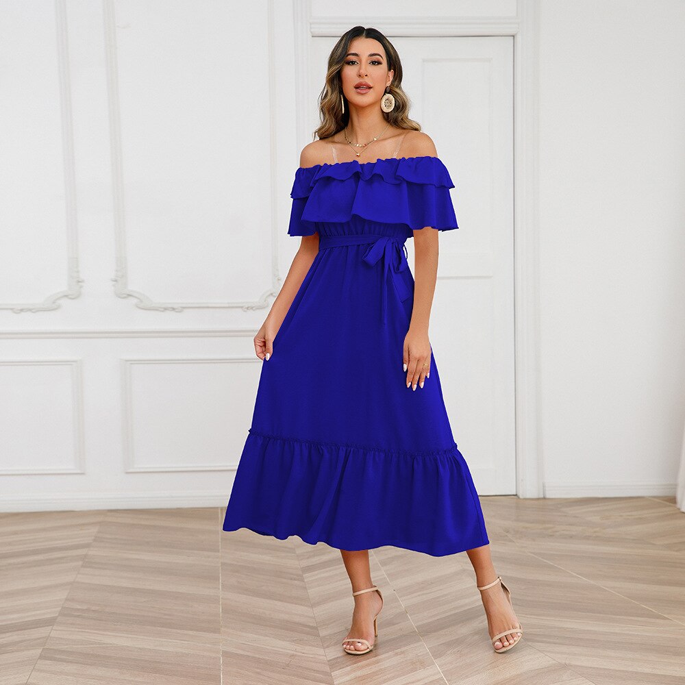 M 2023 Summer Solid Color Color Sexy One Line Neck Off Shoulder Long Dress For Women Fashion Beach Dresses - sepolia shop