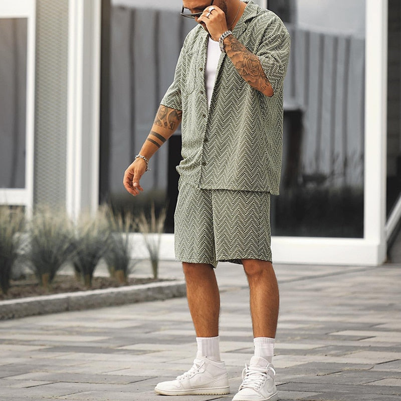 Vintage Men's Clothing Two Piece Suit Sportswear Summer Casual 2023 Fashion Button-up Lapel Shirts And Shorts Set Men Streetwear - sepolia shop