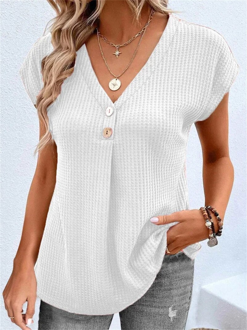 Summer Loose Button Decoration V Neck T-Shirt Female Fashion Bat Short Sleeve Casual Tops Women&#39;s Korean Version Waffle Tees New - sepolia shop