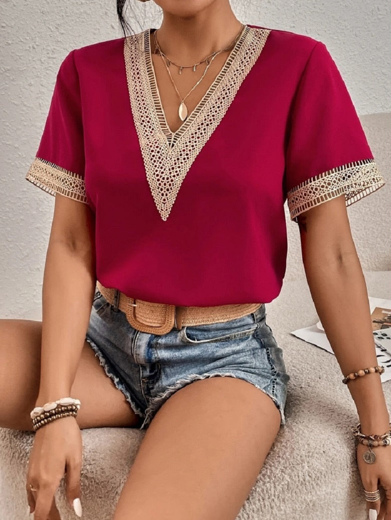 Hollow Out V-Neck Summer Blouse - sepolia shop