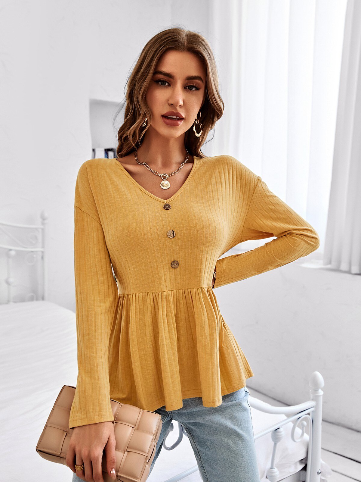 2022 New Women Autumn V Neck Solid Color Long Sleeve Simple Loose All Match Blouses Tops For Ladies Fashion - sepolia shop