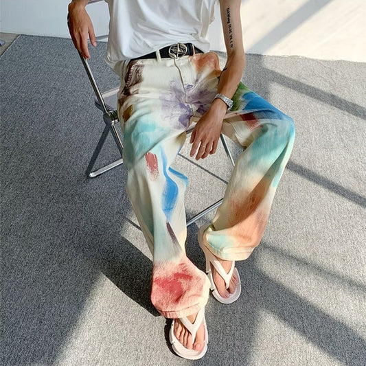 Kor Vintage Chic Graffiti Artistic Baggy Straight Pants