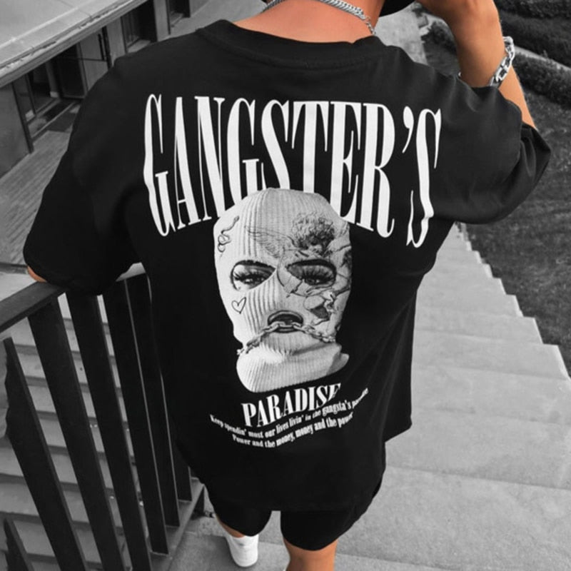 Hip Hop Vintage Loose Gangster Print T Shirts Men