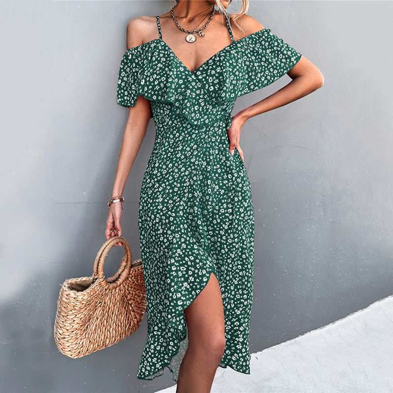 WAYOFLOVE Ladies Spring Summer Sexy Straps Dress Women Green Off Shoulder Ruffles Casual Beach Dresses Female Floral Print Dress - sepolia shop