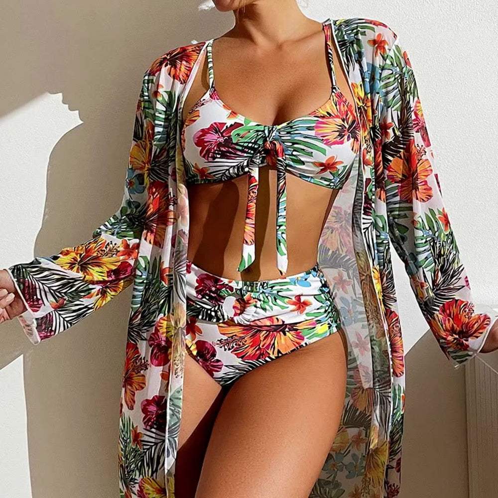 Sexy High Waisted Bikini Three Pieces Floral Printed - sepolia shop